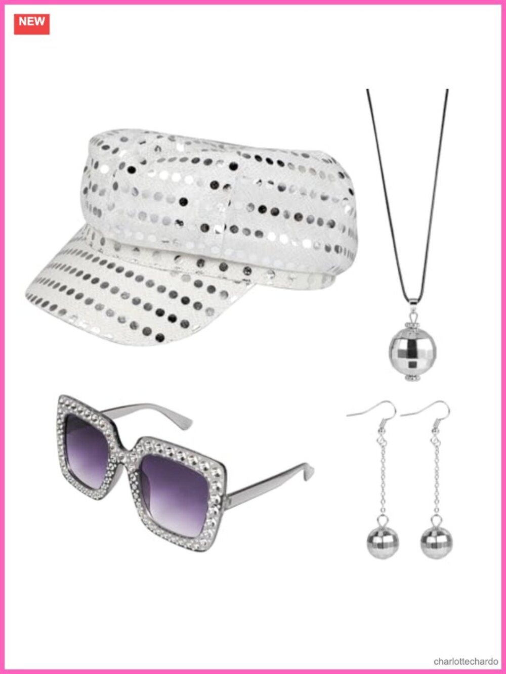 4 Pcs 70s Disco Costume Accessory Set Sequin Hat Earrings Sunglasses Necklace
